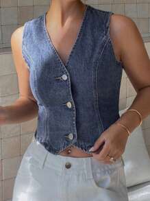 DAZY Distressed Washed Sleeveless V-Neck Fitted Women Denim Jacket,Fall Clothes - Blue - View 7
