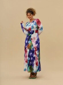 SHEIN VCAY Vestito con coulisse in stile acquerello e Tintura a nodi, taglie comode, girocollo, maniche lunghe, vestito aderente in maglia, adatto per vacanze, spiaggia, festa, stile occidentale - Multicolore - Visualizzare 3