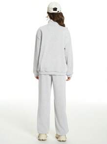 SHEIN 2 件套：休闲纯色宽松少女长袖 Polo 衫上衣 + 宽松卷边裤 - 淺灰色 - 查看 2