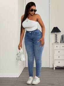 SHEIN Essnce Plus High Waist Skinny Jeans - Medium Wash - View 1