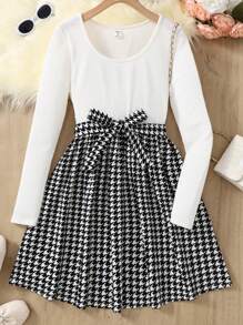 SHEIN Teen Girls' Retro Elegant Houndstooth Patchwork Round Neck Slim Waist A-Line Dress, Autumn/Winter - Black and White - View 1
