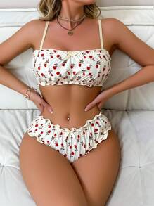 Floral Print Rose Tiny Straps Ruffle Trim Women Lingerie Set - Yellow - View 3