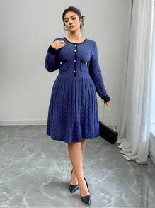 SHEIN Unity 大码女式优雅 A 字形圆领长袖拼色双口袋毛衣连衣裙，秋冬