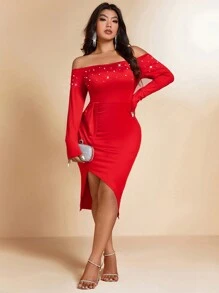 Allurite Plus Size Mulheres Elegante Frisado Ombro Aberto Bainha Assimétrica Vestido de Malha Manga Longa, Amor/Amante Coração Dia dos Namorados - Vermelho - Ver 1