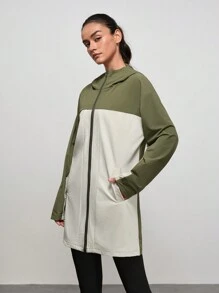 SHEIN Sports Chaqueta con capucha impermeable de largo medio para mujer, para uso urbano y al aire libre - Verde - Ver 2