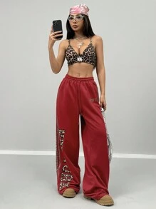 Coolane 女士日常穿着运动休闲新年豹纹宽松直筒裤 - 紅色 - 查看 2