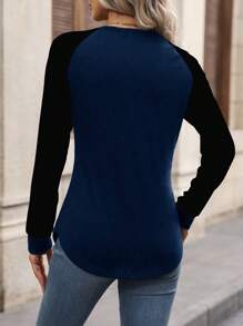 SHEIN LUNE Áo thun nữ cổ tròn tay dài đơn giản màu trơn họa tiết chắp vá - Nhiều màu - Xem 2