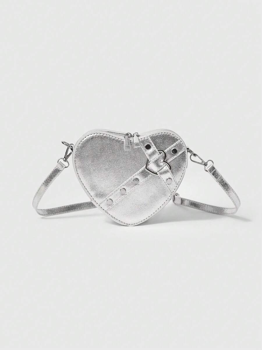 ROMWE Grunge Punk New Sexy Heart Shaped Women Bag With Gothic Rivet, Fashion Shoulder Crossbody Bag, Halloween - Silver - View 1
