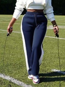INAWLY Plus Size Solid Color Patchwork Front Tie Pocket Casual Sweatpants