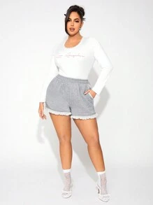 SHEIN SXY Plus Size Women Grey & White Woven Trim Lace Decor Loose Shorts