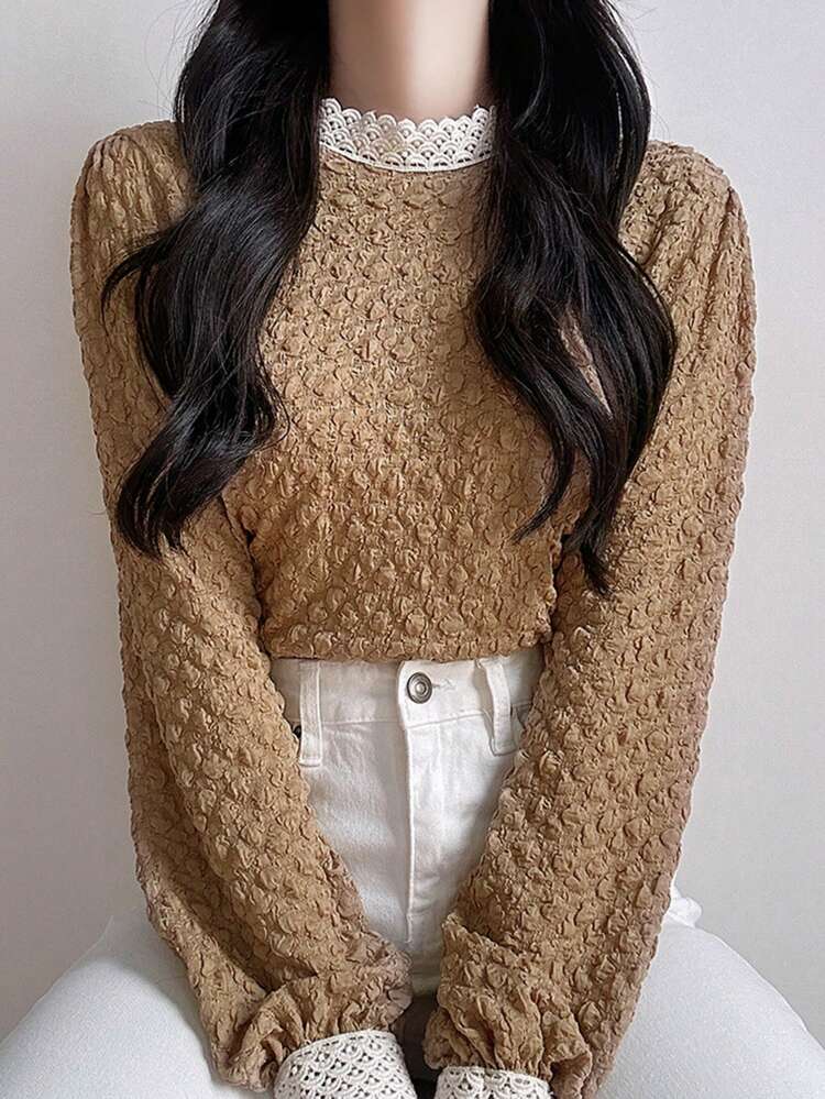 Women Contrast Lace Stand Collar Lantern Sleeve Elegant Long Sleeve White T-Shirt