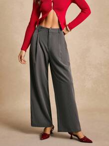 Poéselle Women's Grey Striped Wide Leg Pants,Extra Long Suit Pants,Business Casual Office Autumn Casual Commuting Fashion,Old Money Style Siren Office Pants - Grey - View 7