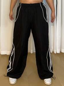 Flirla Pantalones deportivos casuales de talla grande para mujer con cordón y contraste de color