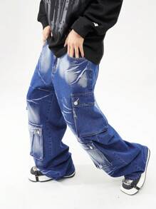 ROMWE MEN Street Life Men's Casual Multi-Pocket Relaxed Fit Jeans - Blue - View 5