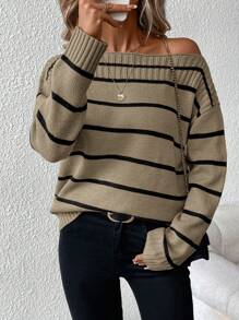 SHEIN Clasi Women Plus Size Casual Striped Asymmetric Neck Drop Shoulder Long Sleeve Knit Sweater, Autumn/Winter