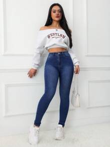 Jeanoix Jeans de mezclilla casuales de diseño sencillo con bolsillo delantero y botones para uso diario para mujeres - Azul lavado oscuro - Ver 3