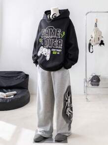 SHEIN 1入組青少年男孩街頭風格寬鬆連帽圖案印花運動衫，適用於秋冬戶外活動 - 黑色 - 查看 4