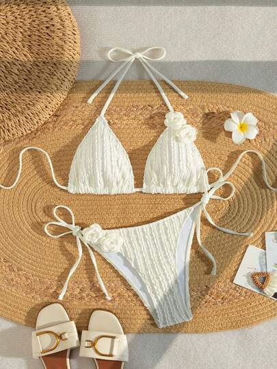 Swim Mod 2 Pieces Beach Outfit For Women: Solid Color Floral Print Halter Neck Bikini Top And Tie Side Bottoms For Summer Beach Vacation