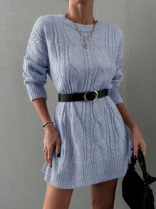 EURMUSE Cable Knit Split Hem Drop Shoulder Sweater Dress Without Belt - Baby Blue - View 5