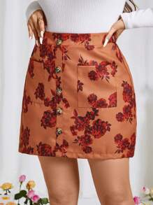 SHEIN Clasi Plus Size Women's Woven Floral Button Pocket Rose Pattern Valentine's Day Elegant Skirt