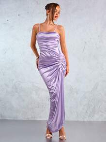 SHEIN SXY Nouvelle robe de soirée élégante et décontractée, sexy pour boîte de nuit, en satin lilas violet, avec encolure ras-du-cou, grand dos nu, fente longue et plis, pour la saison des mariages et des fêtes du Nouvel An - Lilas - Voir 4