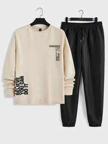 Mainfolk 2pcs/Set Men Knitted Casual Daily Wear Loose Short Sleeve T-Shirt And Drawstring Waist Ankle Banding Pants - Multicolor - View 1