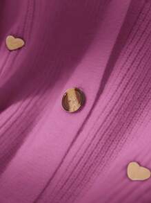 SHEIN Frenchy Plus Size Women's Autumn/Winter Long Sleeve Knitted Gold Heart Embroidery Cardigan - Hot Pink - View 3