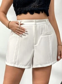 SHEIN Privé Plus Size Simple Elegant High Waist Solid Color Office Shorts, Daily Commute - White - View 3