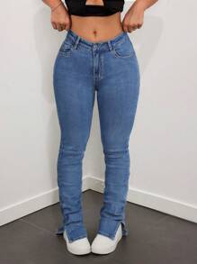 SHEIN ICON Jeans met hoge taille, split en geplooide zoom en uitlopende pijpen