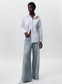 SHEIN Privé Chaqueta-camisa de mujer de primavera de estilo casual y urbano, con diseño dividido oversize, de longitud media, como regalo ideal para el Día de San Valentín - Blanco - Ver 2