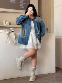 SHEIN EZwear Plus Size Casual Washed Vintage Denim Jacket