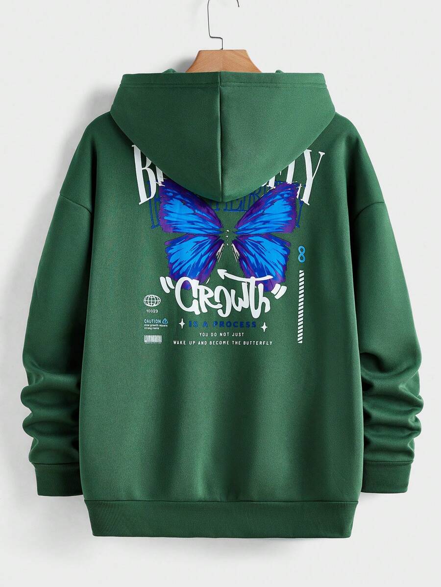 Manfinity VCAY Men Slogan & Butterfly Print Pocket Hoodie, For Fall Winter - Dark Green - View 1