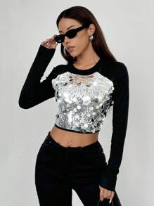 Chiquease Blusa de mujer de manga larga, cuello redondo, ajustada, con parches de lentejuelas, camisetas gráficas para mujer, para la primavera - Negro - Ver 6