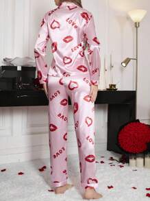 红唇和心形印花仿丝翻领睡衣套装，秋季服装 - 粉色 - 查看 2