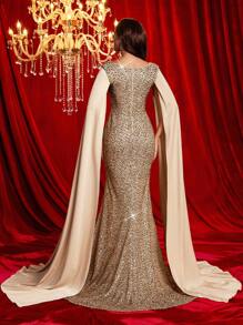 Glamrae Elegant & Luxury Champagne Sequin Patchwork Satin Wrap Collar Pleated Draped Batwing Mermaid Hem Floor-Length Formal Gown, Suitable For Various Occasions, Wedding Guest Dress