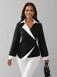 SHEIN Unity Elegant Color Block Asymmetric Wrap Shirt, Autumn - Black and White - View 4