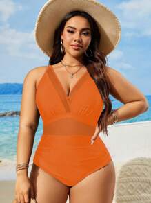 SHEIN Swim Curve Plus Size Solid Color Sleeveless V-Neck Contrast Mesh Casual Vacation One-Piece Swimsuit Summer