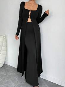 Chiquease 女士秋季纯色方领长袖镂空长上衣和长裙套装，时尚两件套服装