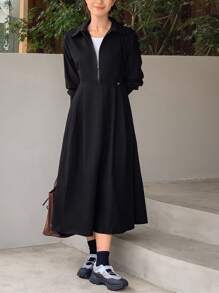 DAZY Damen einfarbiges Reißverschluss-Halbplakette Langarm-Kleid, Frühling/Herbst - Schwarz - Übersicht 1