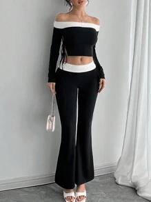 INAWLY 2pcs Women's Color Block Off Shoulder Top And Flare Leg Pants Elegant Casual Suit