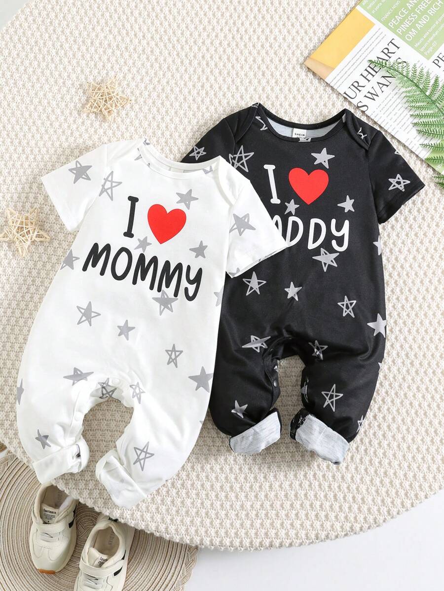 男女宝宝黑白爱心印花宽松圆领短袖连体衣两件套，适合居家、外出、情人节派对等场合。 - 黑與白 - 查看 1