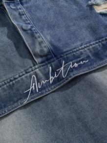 ROMWE MEN Street Life Men's Casual Washed Distressed Hooded Denim Jacket, Autumn - Blue - View 3