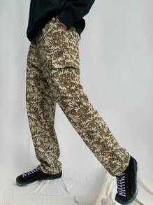Mainfolk Men's Casual Woven Loose Elastic Waist Straight Leg Pants, Young Fashion, Everyday Wear - Army Green - View 1