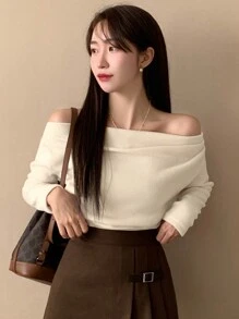 DAZY 女士纯色露肩褶皱长袖宽松T恤，秋季，返校服装，秋季女装 - 白色 - 查看 4