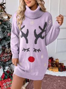 SHEIN LUNE 舒适超大驯鹿图案高领灯笼袖中长休闲毛衣裙，别致欧式秋冬圣诞风，减龄 - 紫丁香色 - 查看 5