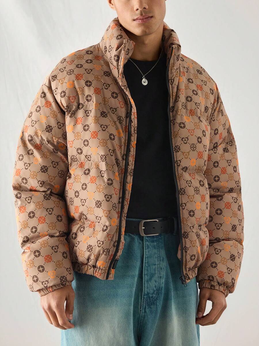 Manfinity VCAY 男士梭织休闲日常宽松印花拉链长袖夹棉大衣，适合秋冬