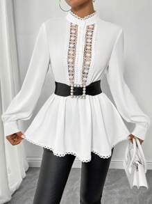 SHEIN Clasi Women's Fashion Regular Shoulder Round Neck White Contrast Lace Waist Long Sleeve Blouse, Autumn/Winter Peplum Top Fall Cloth For Women