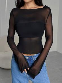 SHEIN EZwear Damesmode Sexy Sheer Mesh Getailleerde Top met Lange Mouwen