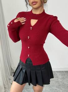 Elenzga Suéter ajustado de unicolor y calado elegante, jersey de punto de otoño/invierno - Burdeos - Ver 6