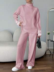 EURMUSE Women Solid Color High Neck Sleeve Detailed Sweater & Sweater Pants Set - Baby Pink - View 7